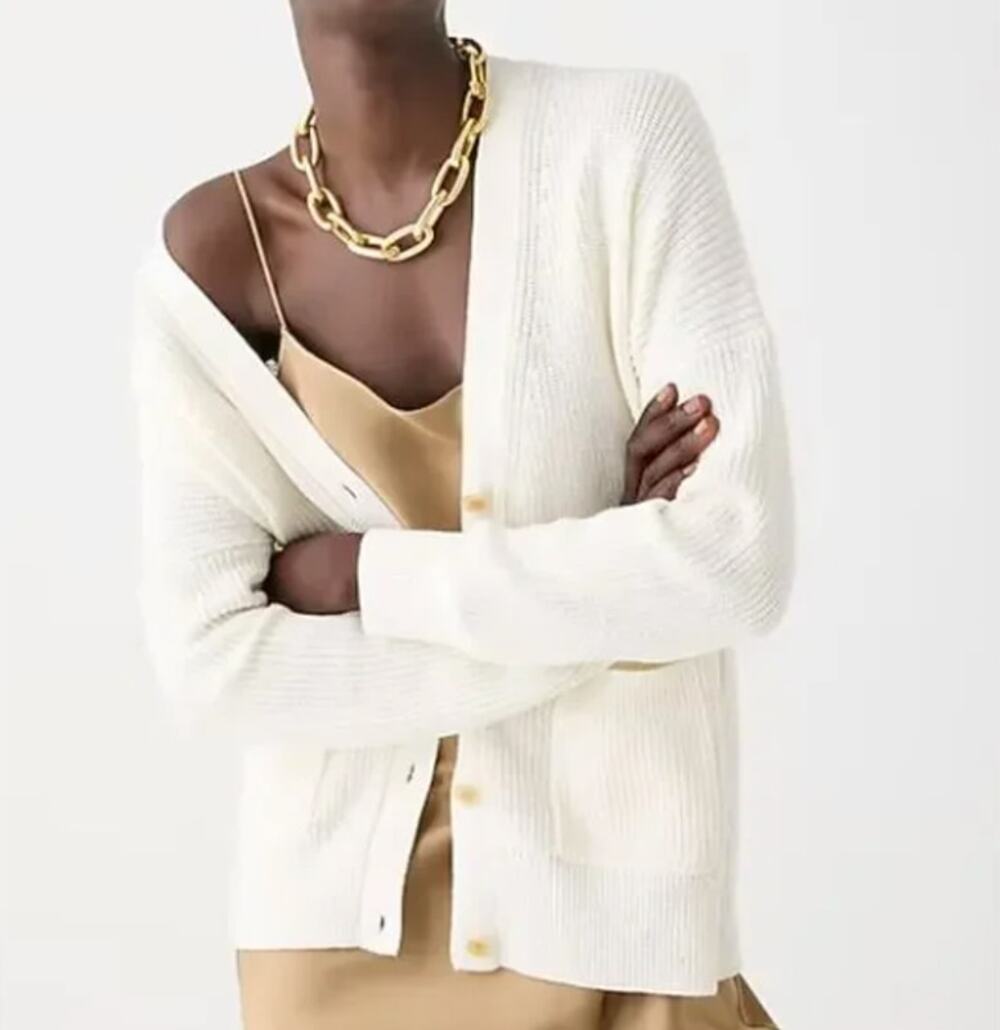 J. CREW Oversized V-Neck Cotton Cashmere Cardigan Sweater White Sz XS $128 {Q43}